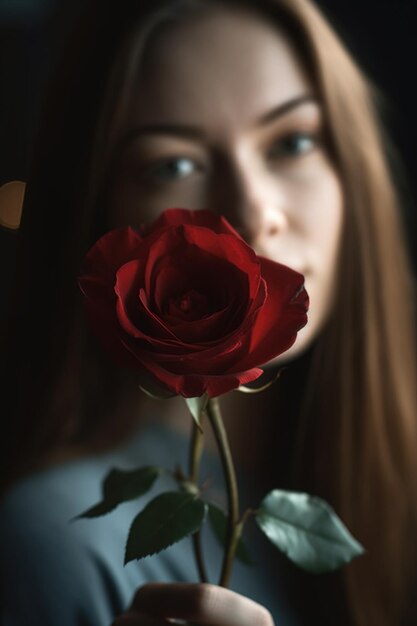 Close-up opname van een vrouw met een rode roos