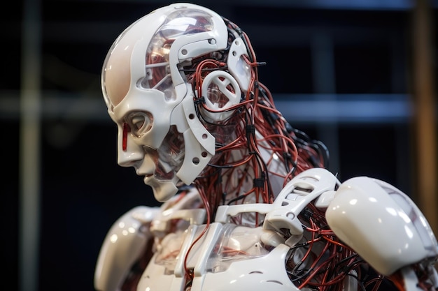 Close-up opname van een vrouwelijke robot in het Tokyo Museum of Science and Technology humanoïde robot die kan buigen en bewegen als een mens met zijn armen en benen verbonden door lange slanke draden AI gegenereerd