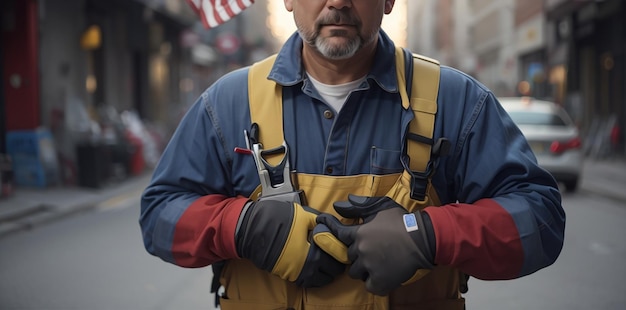 Foto close-up opname van een warker man op straat op labor day met amerikaanse vlag