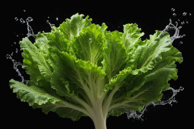 Foto close-up opname van een waterstorting op groene sla geïsoleerd op zwarte achtergrond