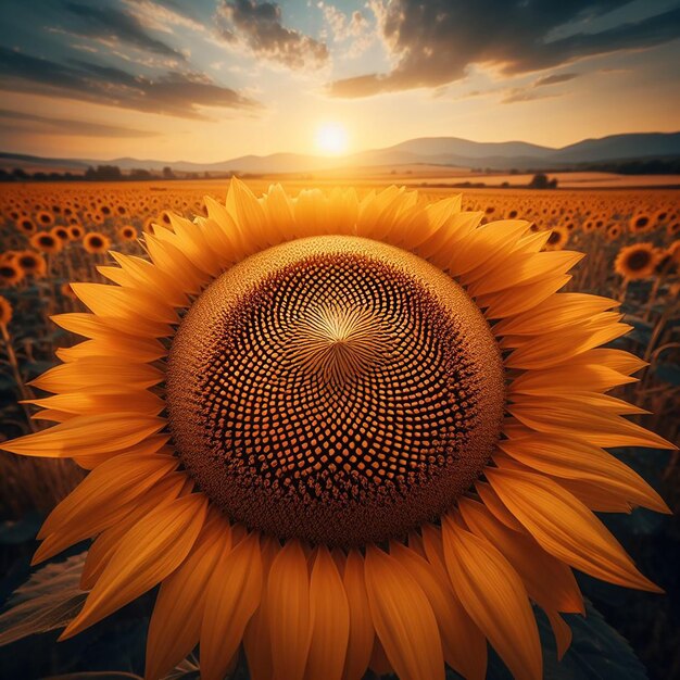 Close-up opname van een zonnebloemkop met het veld van vele op het oppervlak