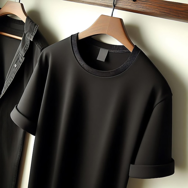 Close-up opname van een zwart T-shirt dat op een hanger hangt