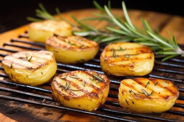 Close-up opname van gegrilde aardappelen met rozemarijn op een snijplank