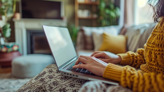 Foto close-up opname van handen van een vrouw die thuis een laptop gebruikt