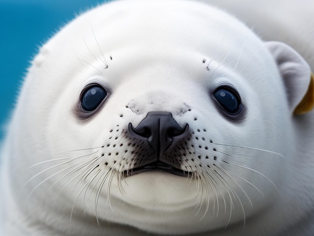 Foto close-up opname van het gezicht van een witte baby zeehond