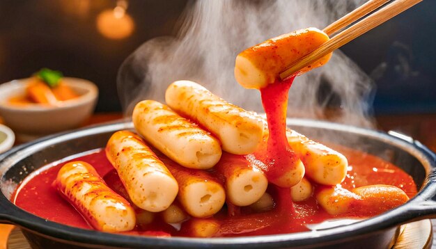 Foto close-up opname van koreaanse instant noodles of hete tteokbokki