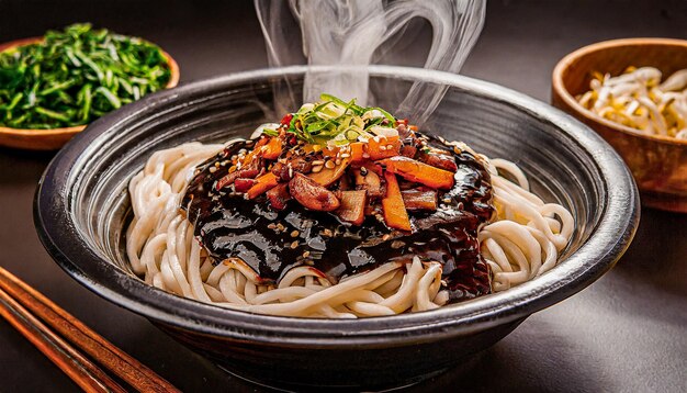 Foto close-up opname van noodles met zwarte bonensous jjajangmyeon