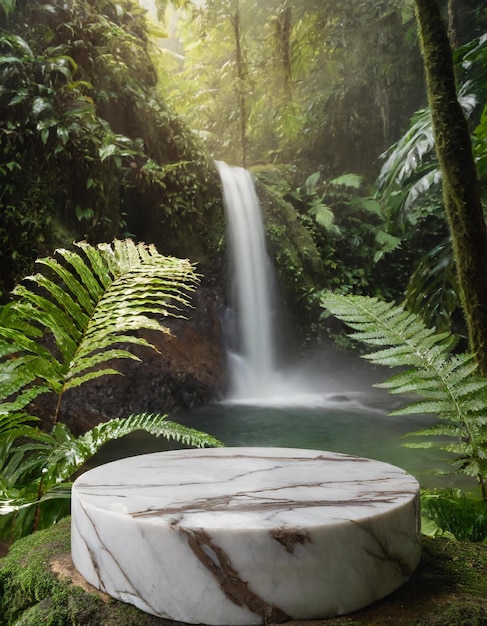 Close-up opname van podium mockup marmer in het groen van het regenwoud met varens en waterval