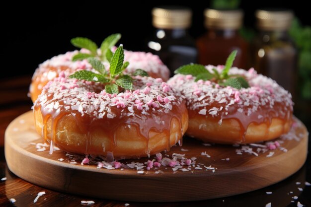 Foto close-up opname van twee verse suiker donuts op een houten plaat generatieve ia