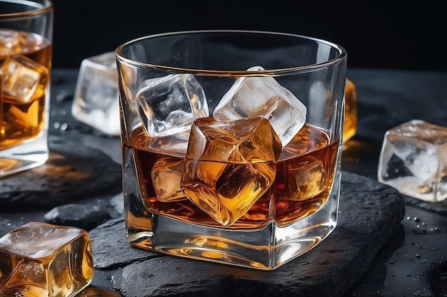 Close-up opname van whisky en ijs op rotsen Generatieve AI