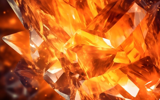 A close up of orange crystals with the word fire on it