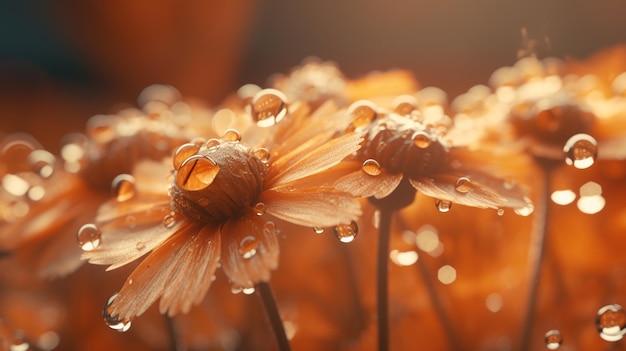 A close up of orange flowers with water droplets on them