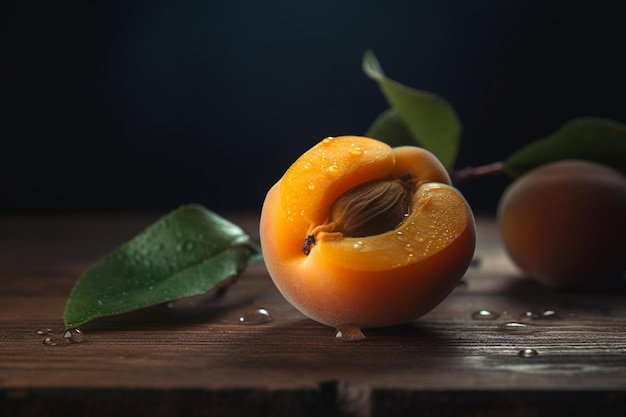 A close up of an orange fruit with leaves on a wooden table