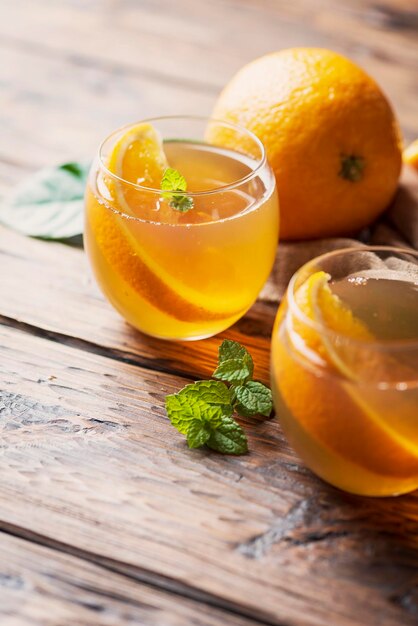 Close-up of orange juice on table