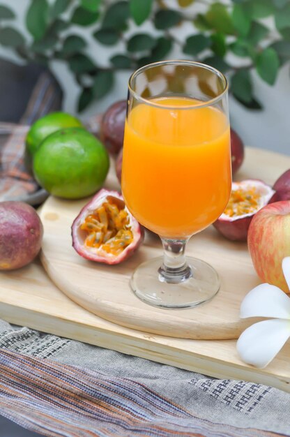 Close-up of orange juice on table