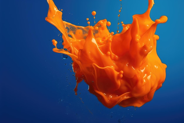 Close up of orange liquid splashing on blue background created using generative ai technology