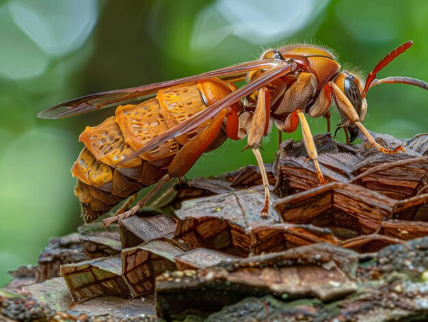 Photo close up of an orange paper wasp polistes dominula on a nest with raindrops against a blurred green