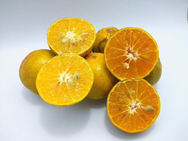 Close-up of orange slice against white background