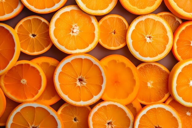 A close up of orange slices on a dark brown surface Generative AI