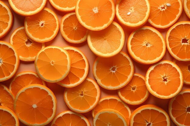 A close up of orange slices on a dark brown surface Generative AI