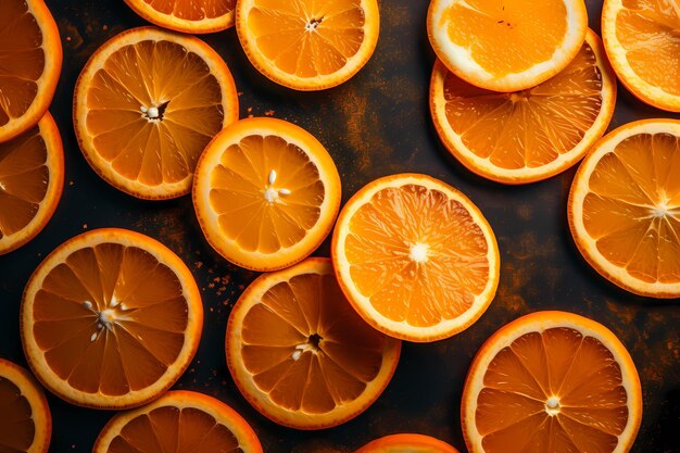 A close up of orange slices on a dark brown surface Generative AI