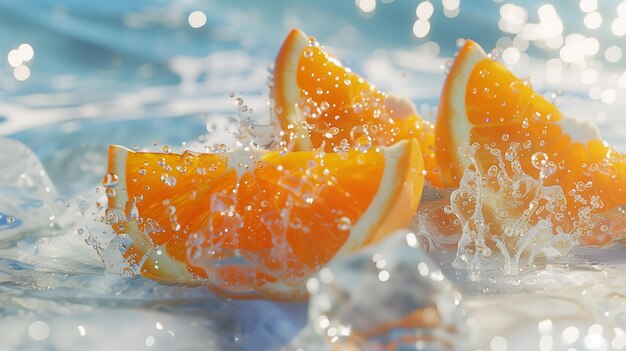 Близкий взгляд на оранжевые кусочки в брызгах воды на синем фоне