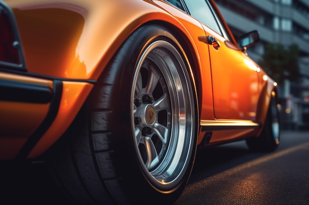 黒いタイヤと側面にポルシェという文字が付いているオレンジ色のスポーツカーの接写。