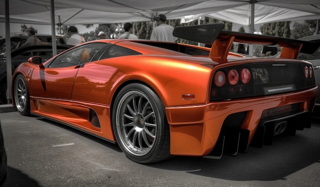 A close up of an orange sports car