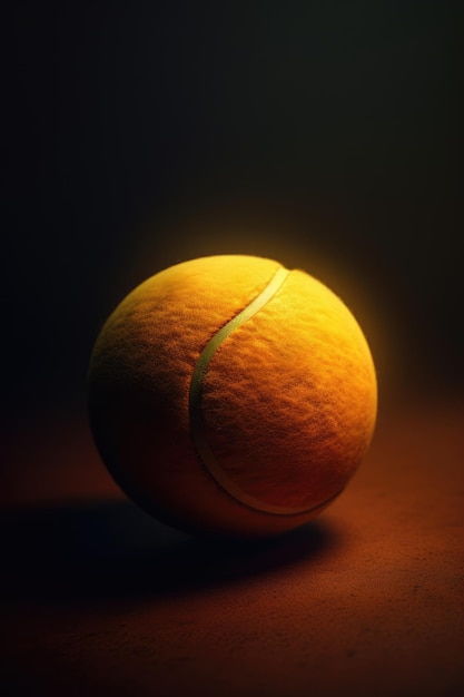 Close up of orange tennis ball on black background created using generative ai technology