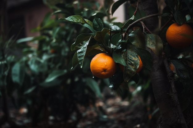 Close up orange tree lemon on a tree in a garden food photography