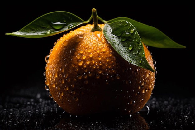 A close up of an orange with water droplets on it