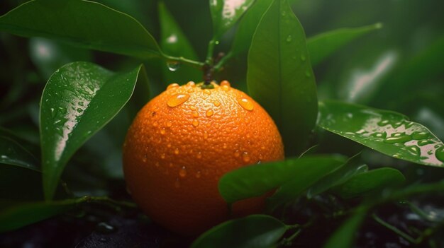 A close up of an orange with water droplets on it