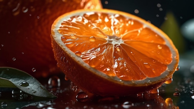 A close up of an orange with water droplets on it