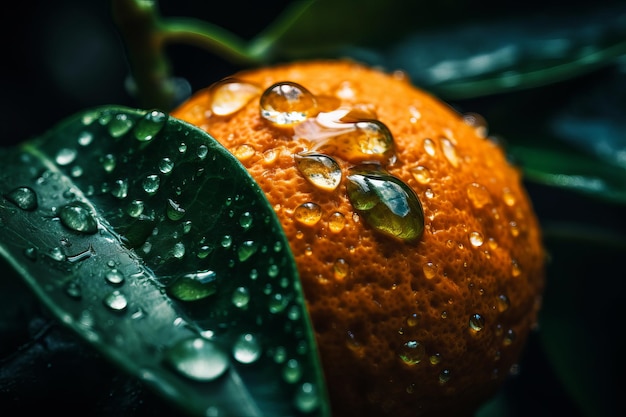 A close up of an orange with water drops on it