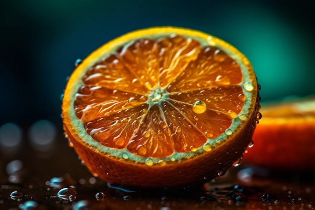 A close up of an orange with water drops on it