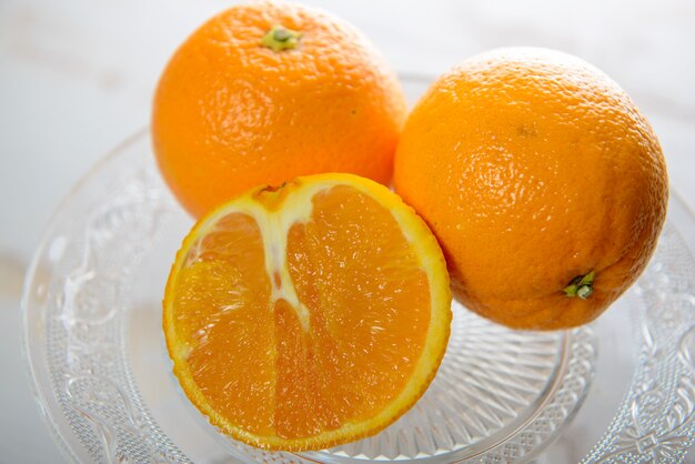 Close up of oranges in a glass dish