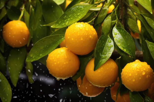 A close up of oranges on a tree