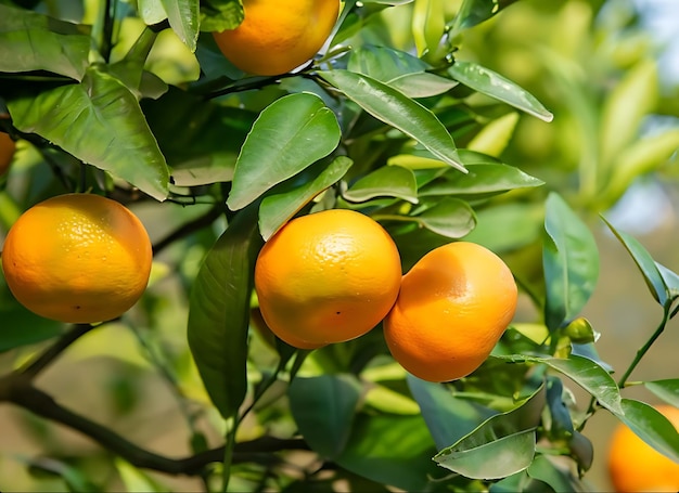 Close up of oranges trees on organic fruit farm