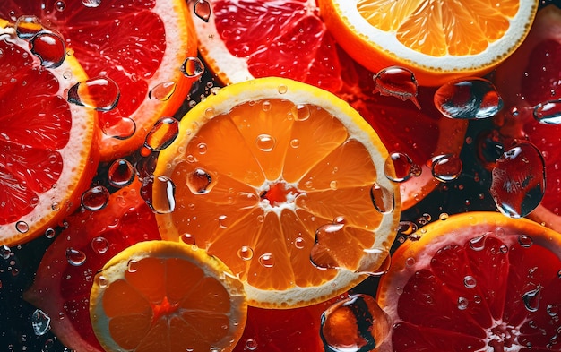 A close up of oranges and water droplets