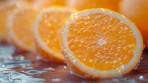 a close up of oranges with water drops on them