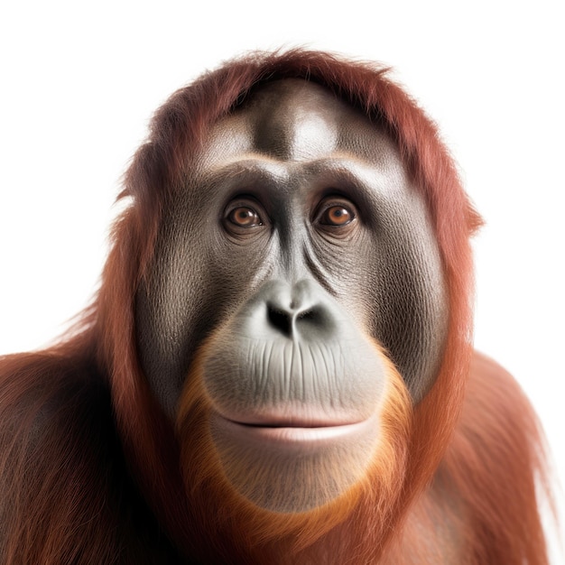 A close up of a orangutan with a white background