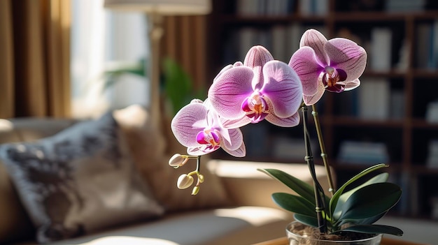 Foto un primo piano di un fiore di orchidea su un tavolo in una stanza di lusso