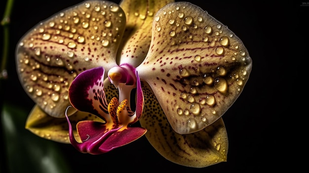A close up of an orchid with water droplets on it