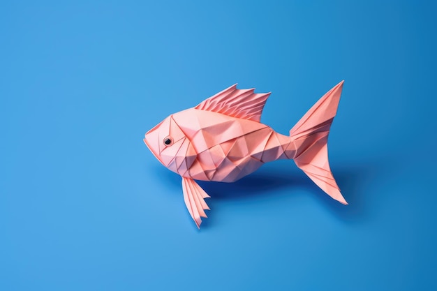 Close up of origami figure of fish on blue background created using generative ai technology
