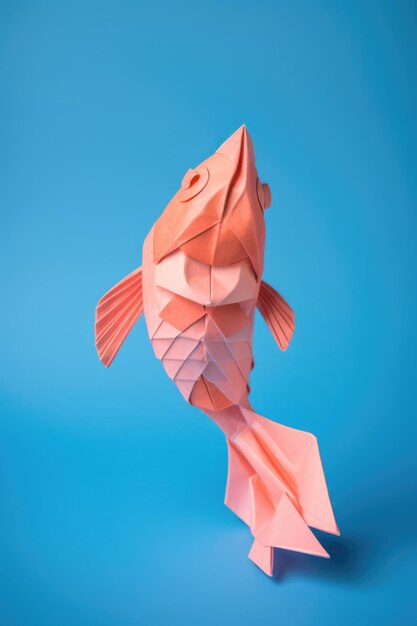 Photo close up of origami figure of fish on blue background created using generative ai technology