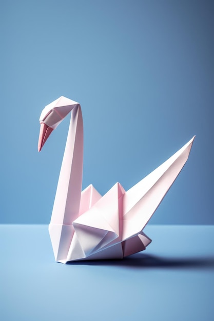 Close up of origami figure of swan on blue background created using generative ai technology