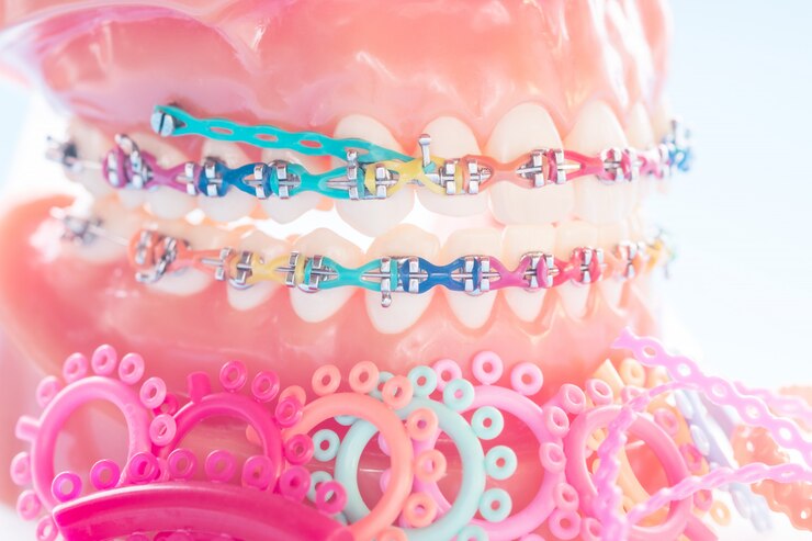 Close up orthodontic model and O-ring on the blue background