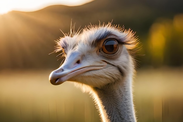 A close up of an ostrich's face and neck