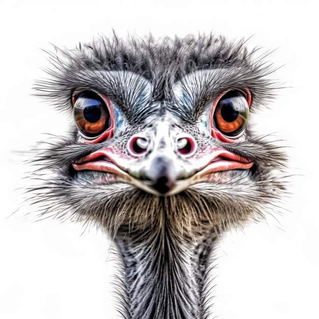 A close up of an ostrich with a big eye and a big red eye.