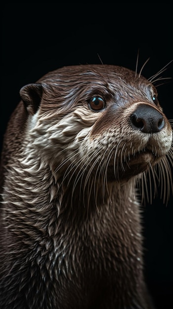 A close up of an otter's face